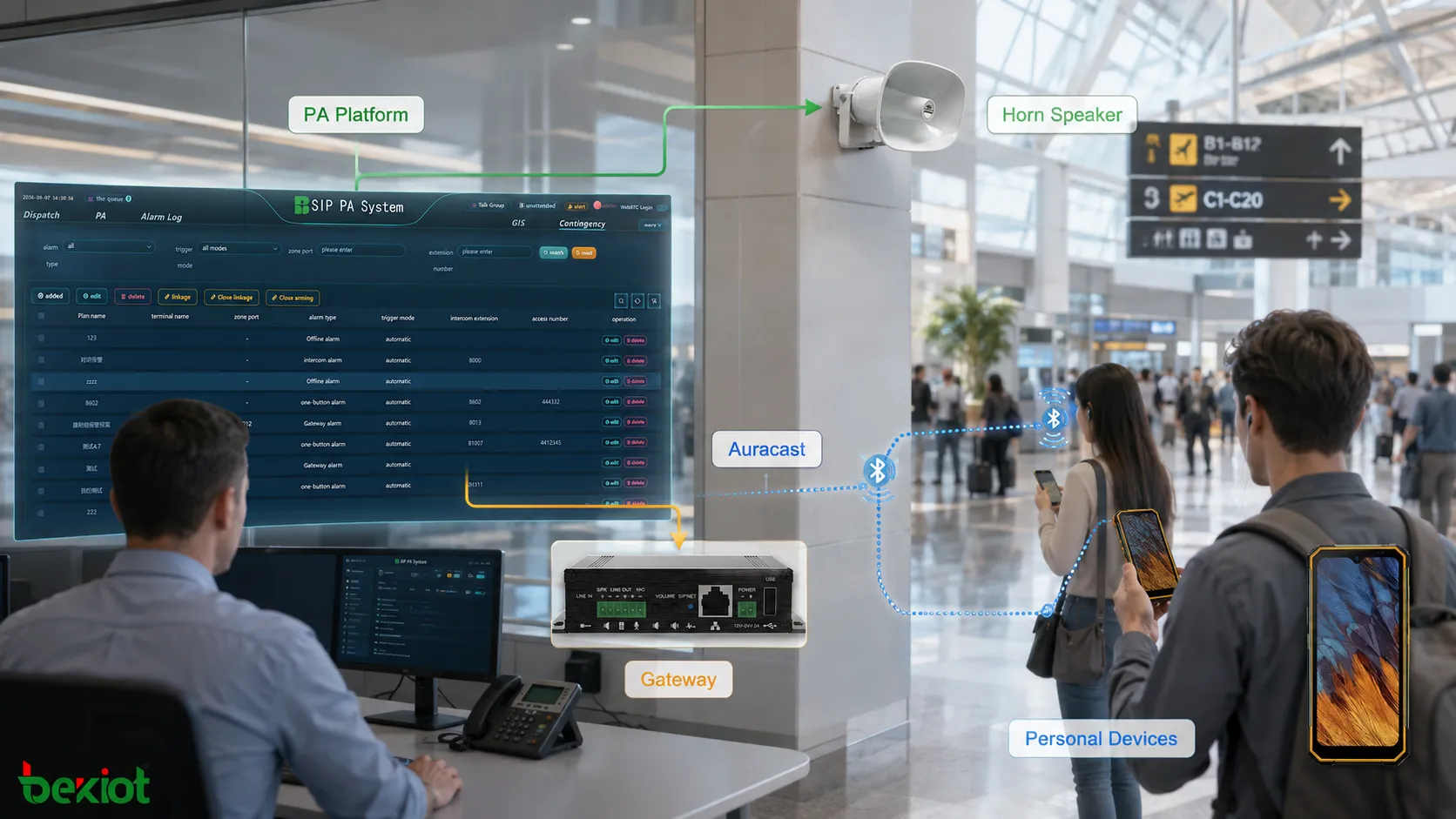 Hybrid public address architecture combining fixed loudspeakers with Auracast personal audio broadcasting to smartphones, earbuds and hearing devices