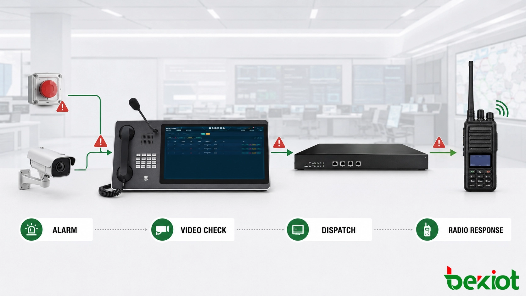Alarm and video surveillance workflow integrated with radio communication through a RoIP gateway