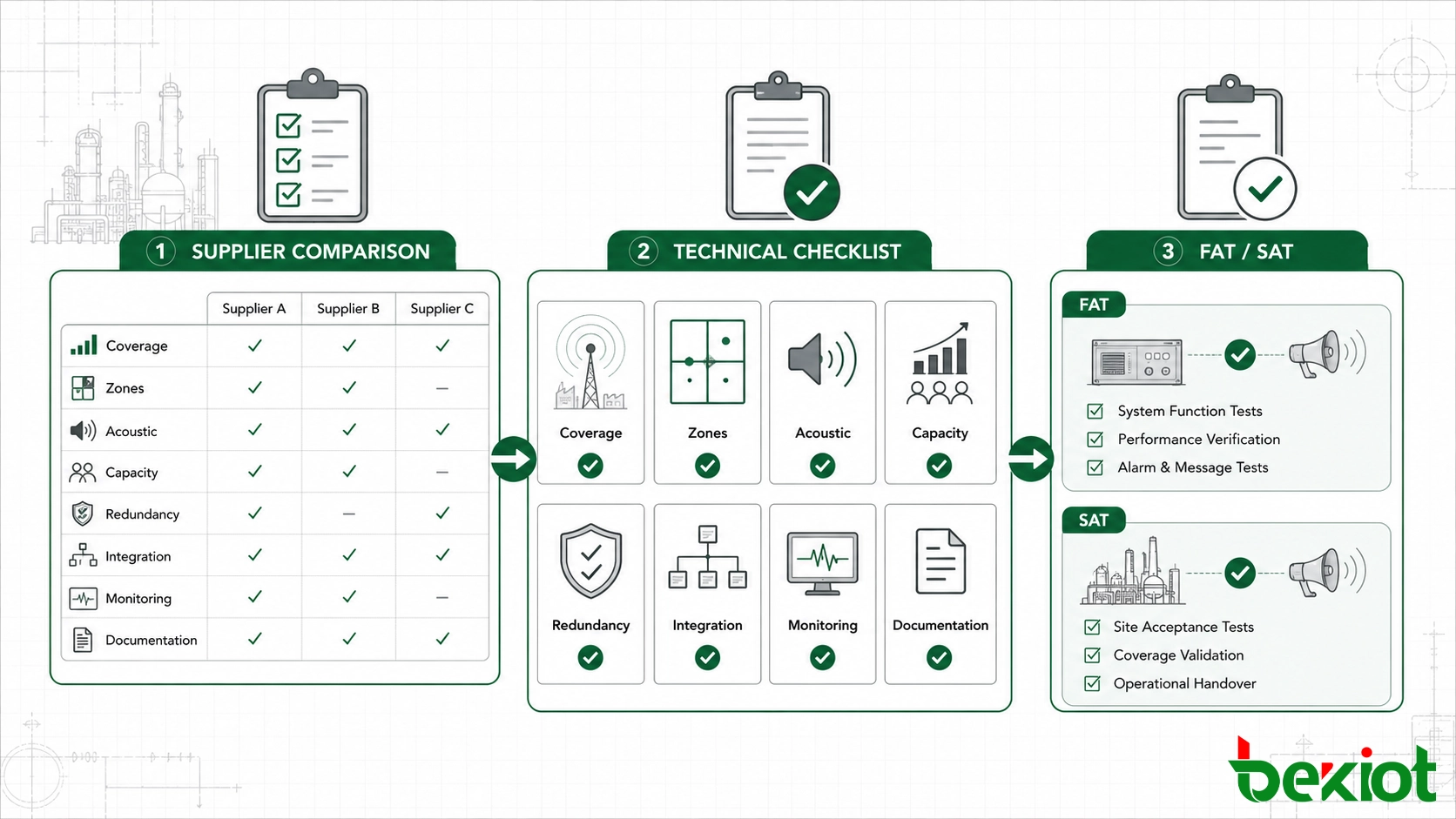 PAGA system supplier selection and FAT SAT acceptance checklist
