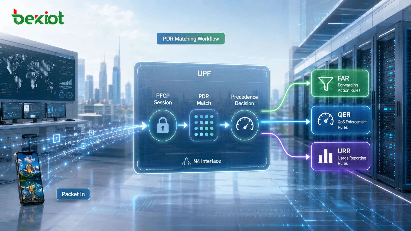 UPF packet processing on the N4 interface showing PDR precedence matching and associated FAR, QER, and URR rules