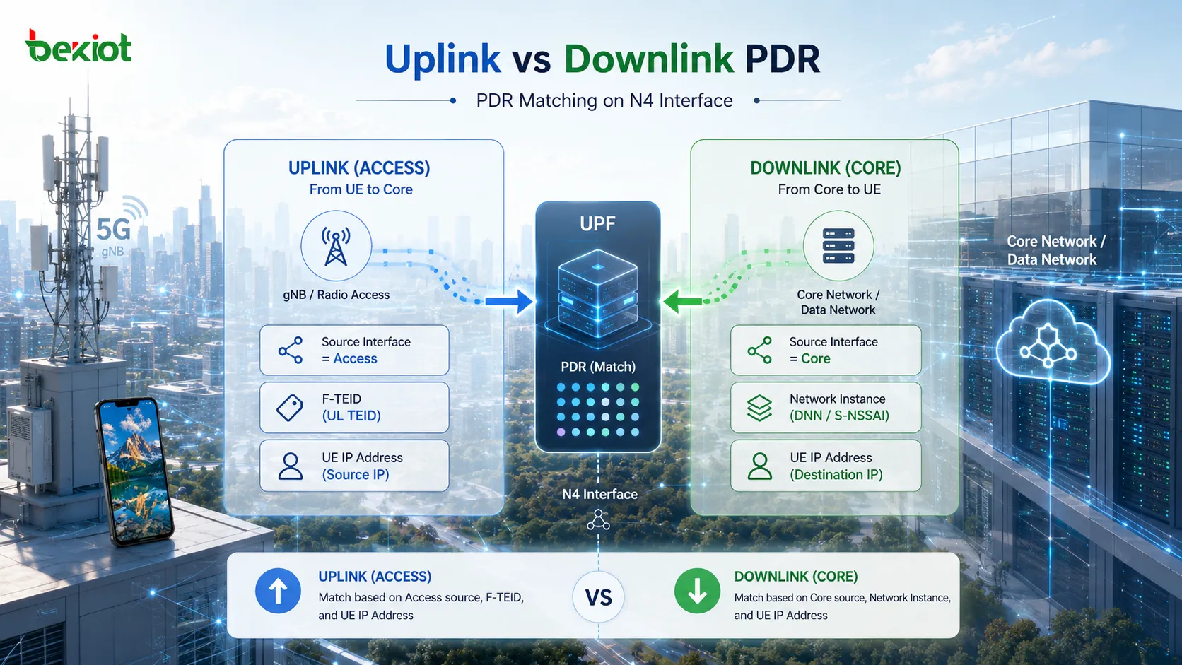 Uplink Access PDR and downlink Core PDR matching based on F-TEID, Network Instance, and UE IP Address on the N4 interface