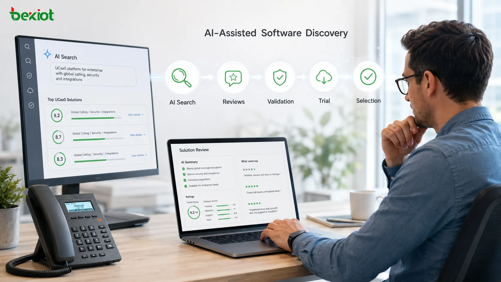 AI-assisted UCaaS buyer journey moving from software discovery and third-party reviews to technical validation, trial and final vendor selection
