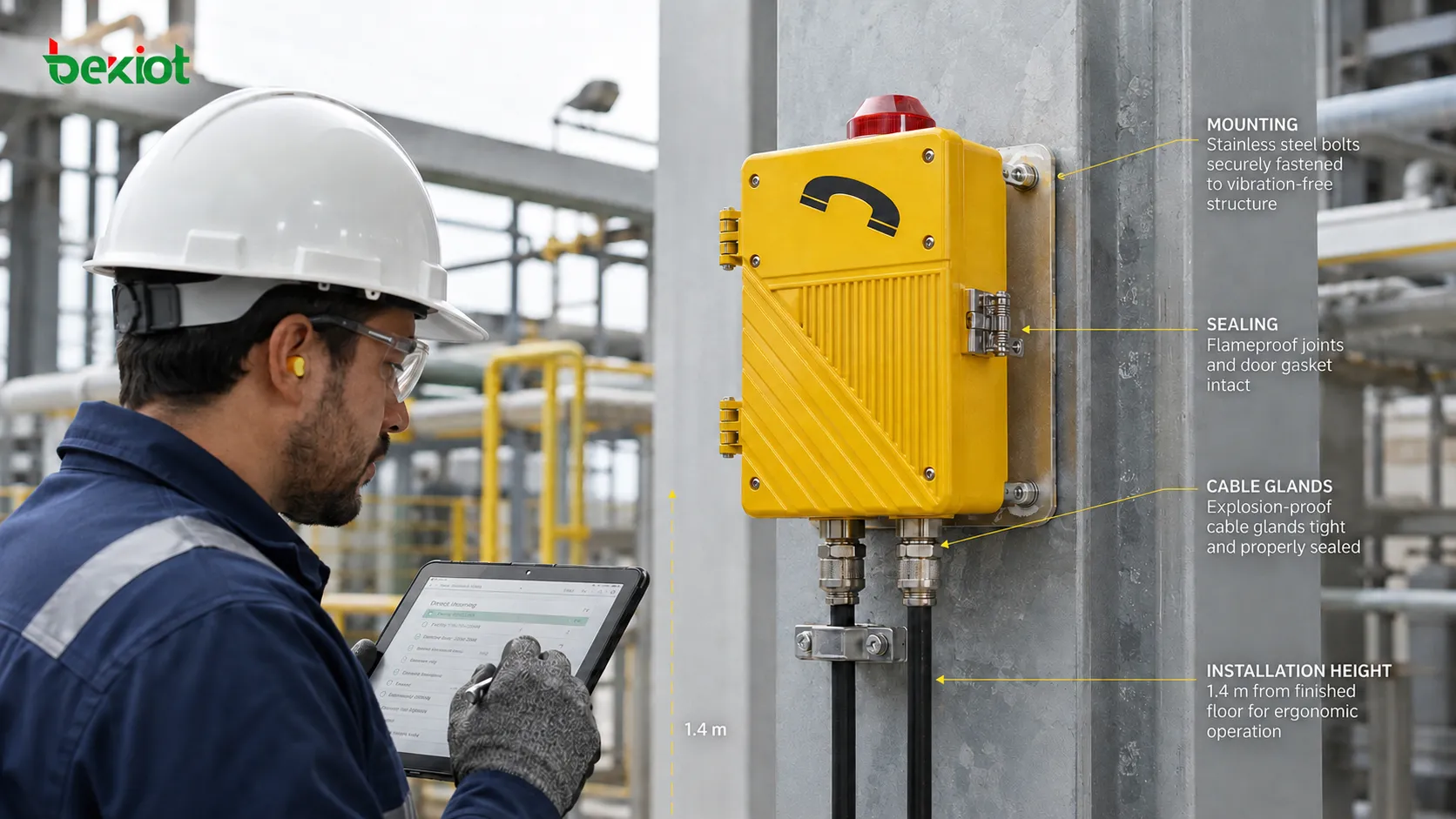 Post-installation inspection of an explosion-proof telephone covering mounting, cable glands, sealing components and field installation position