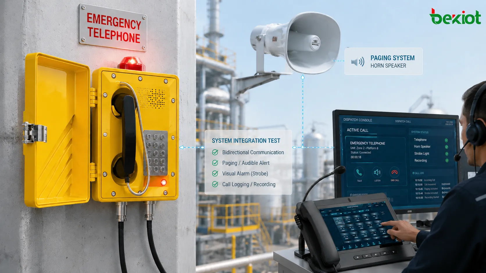 Post-installation emergency integration testing of an explosion-proof telephone with dispatch, recording, audible and visual alarms, and paging systems