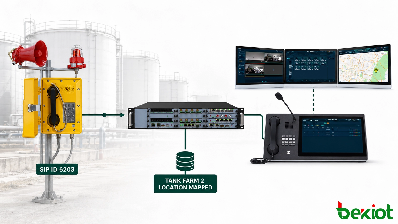 Explosion-proof telephone linked by SIP identity to a station database and industrial site map