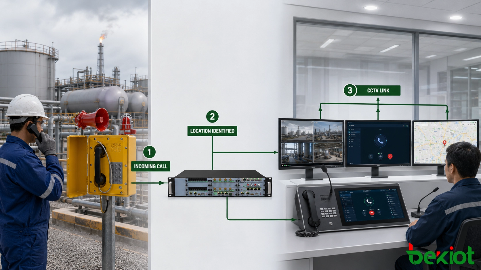 Explosion-proof telephone call routed through a SIP server to a dispatch console with location CCTV and incident information