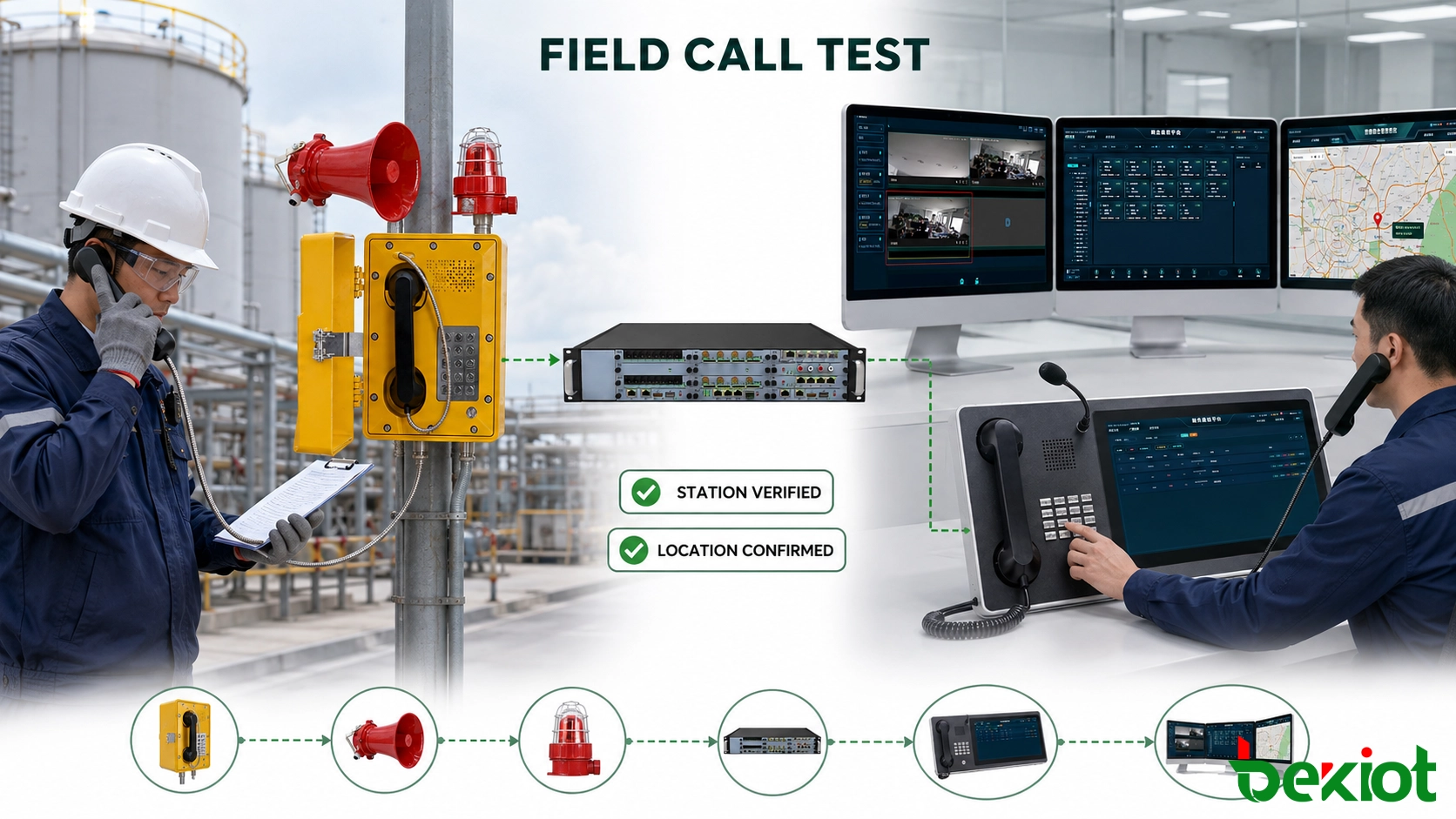Technician testing explosion-proof telephone identity location display camera linkage and backup call routing