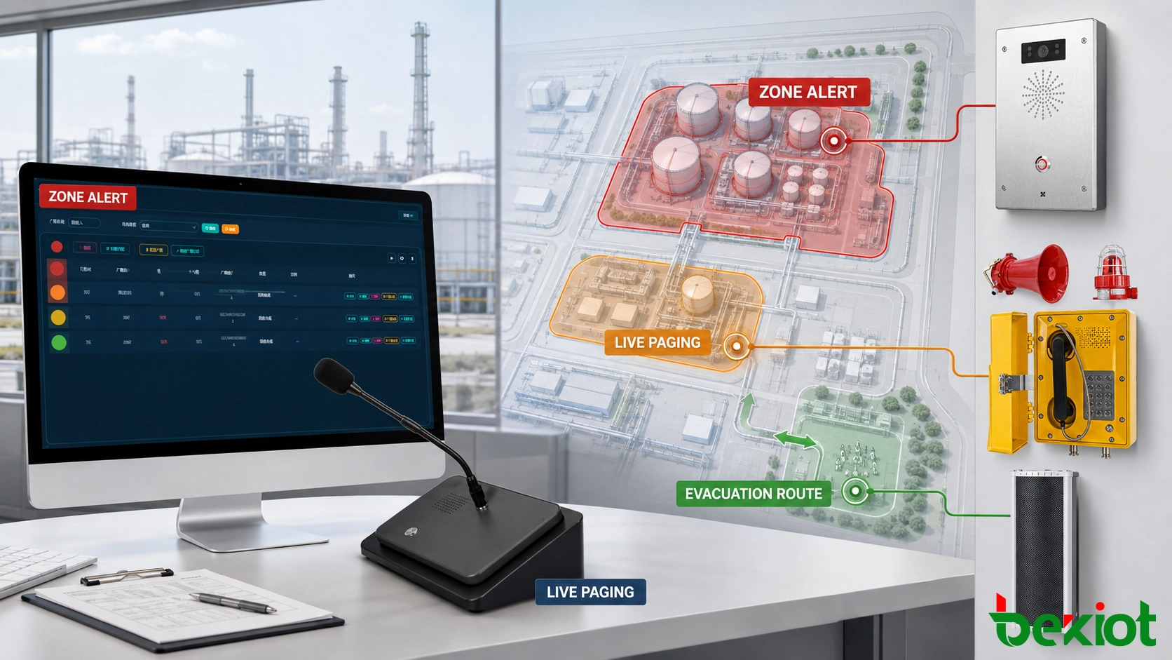 Industrial control room selecting emergency broadcast zones messages and priorities for a tank farm gas alarm