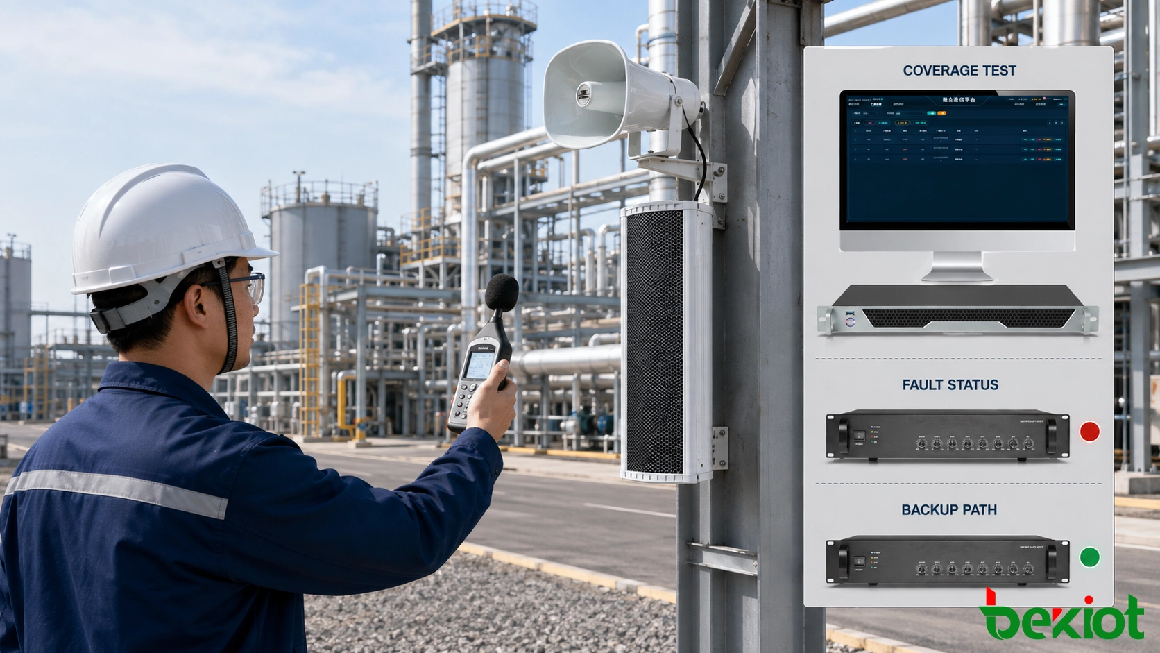 Technician testing emergency broadcast speaker coverage amplifier status network faults and backup operation at an industrial site