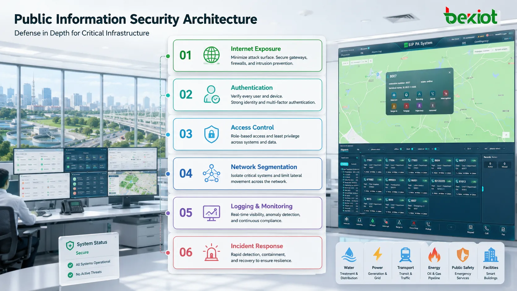 Public information security architecture showing internet exposure control, authentication, network segmentation, logging and security response layers