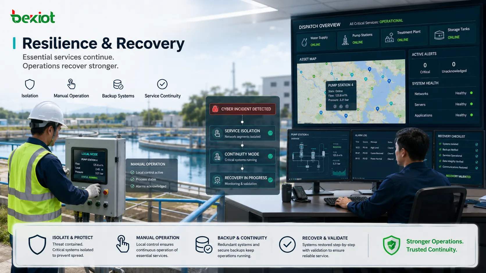 Public information security resilience using isolation, manual operation, backup systems and recovery validation to maintain essential public services after a cyber incident