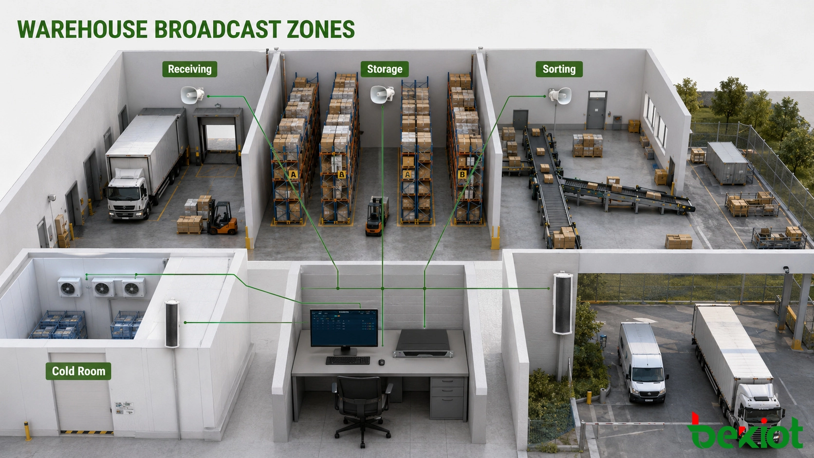 IP broadcast system dividing a warehouse into receiving loading storage sorting cold room and outdoor yard zones