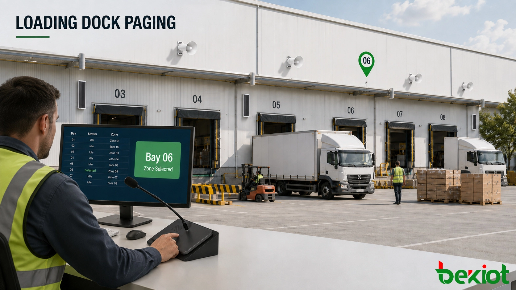 Warehouse IP broadcast system coordinating truck arrival loading bay assignment and live paging from a control room