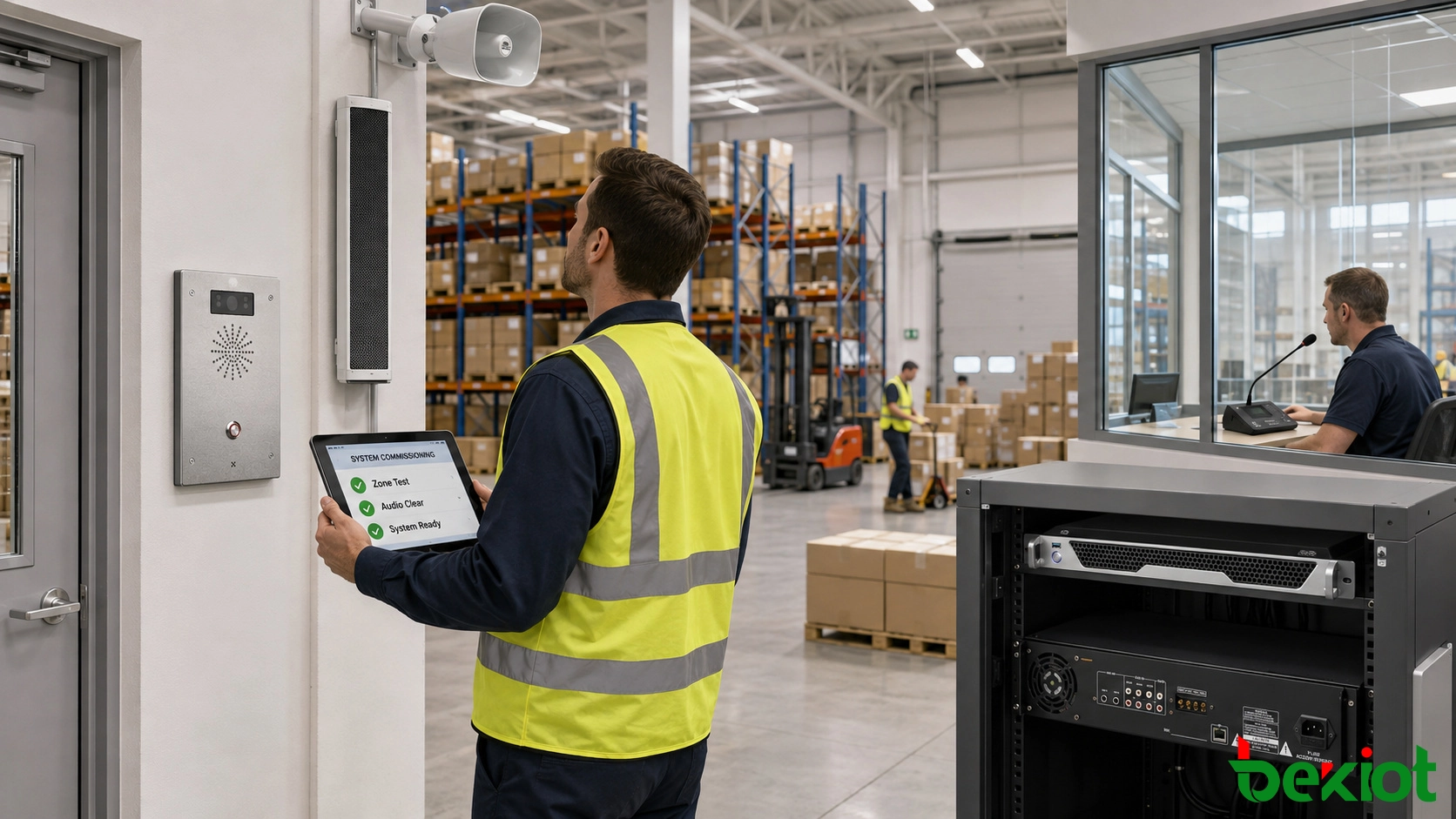 Technician testing IP broadcast server paging console amplifier horn speaker column speaker and intercom in a logistics warehouse