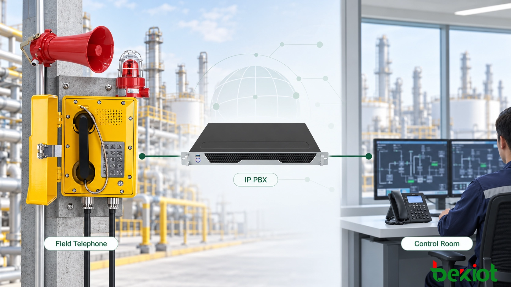 Explosion-proof telephones connected to an IP PBX for extension calling and control room communication