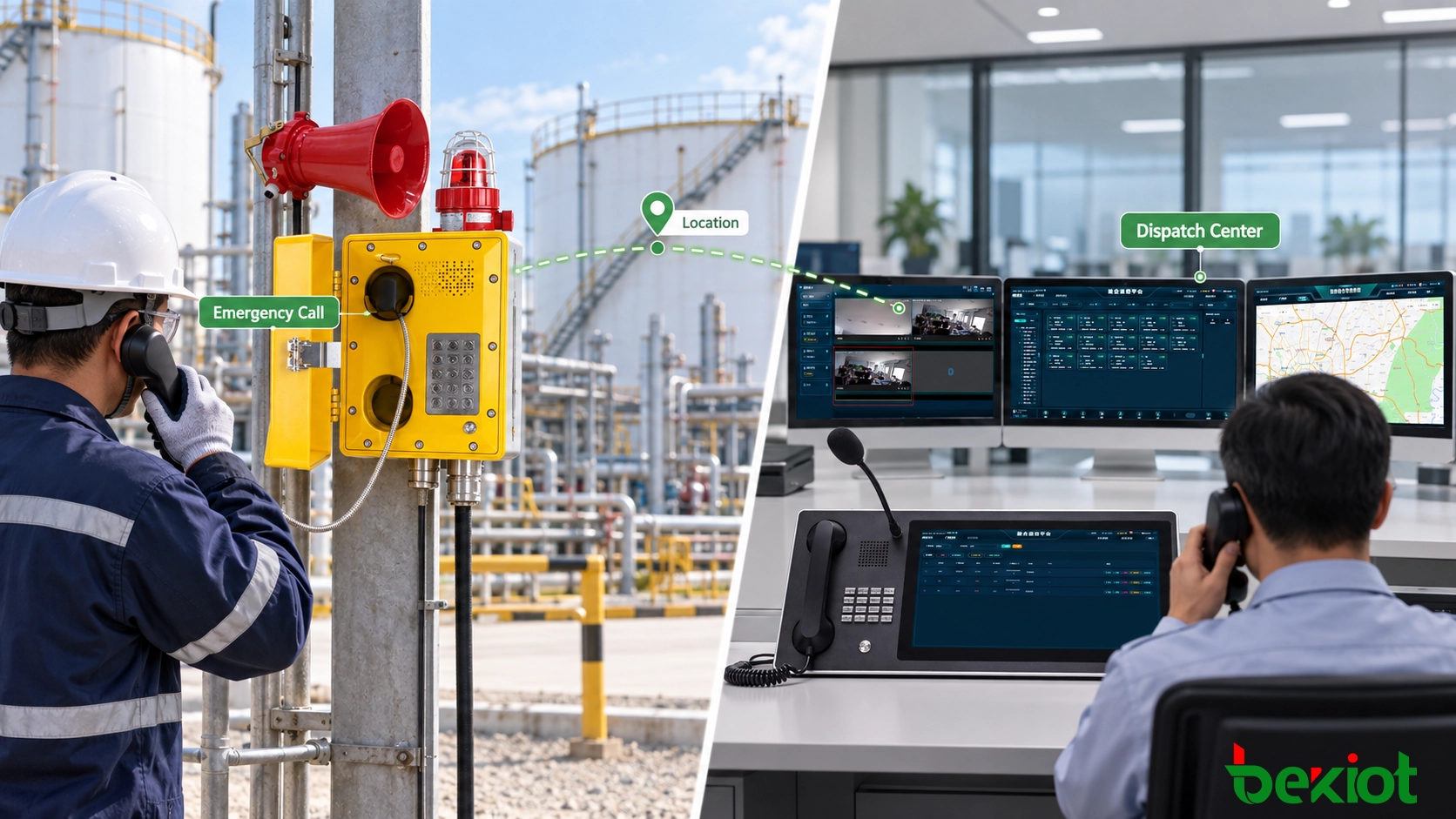 Explosion-proof telephone connected to a dispatch system with location display recording and emergency coordination