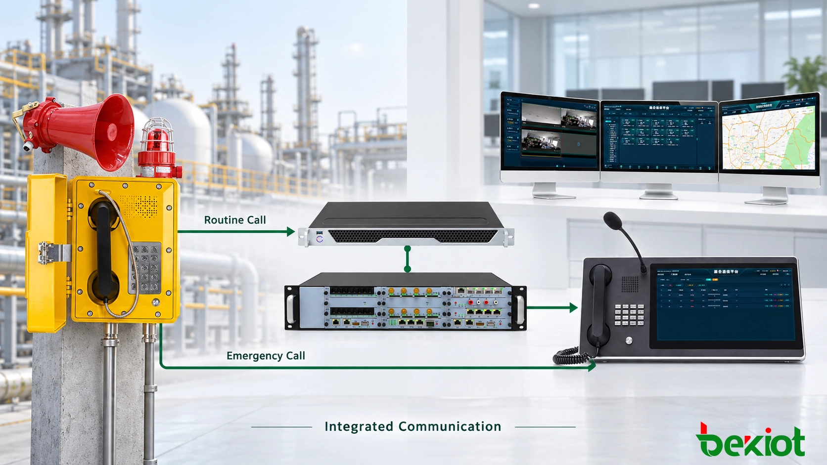 Integrated IP PBX and dispatch architecture for explosion-proof telephones in an industrial facility