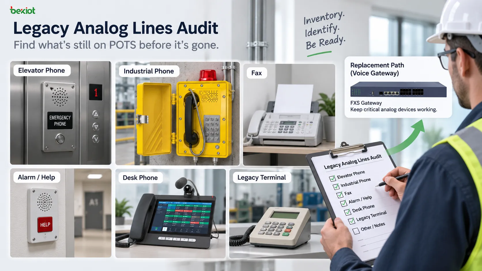 Inventory of hidden analog line dependencies before POTS retirement including elevator phones, fire alarms, medical alerts, fax machines and industrial telephones