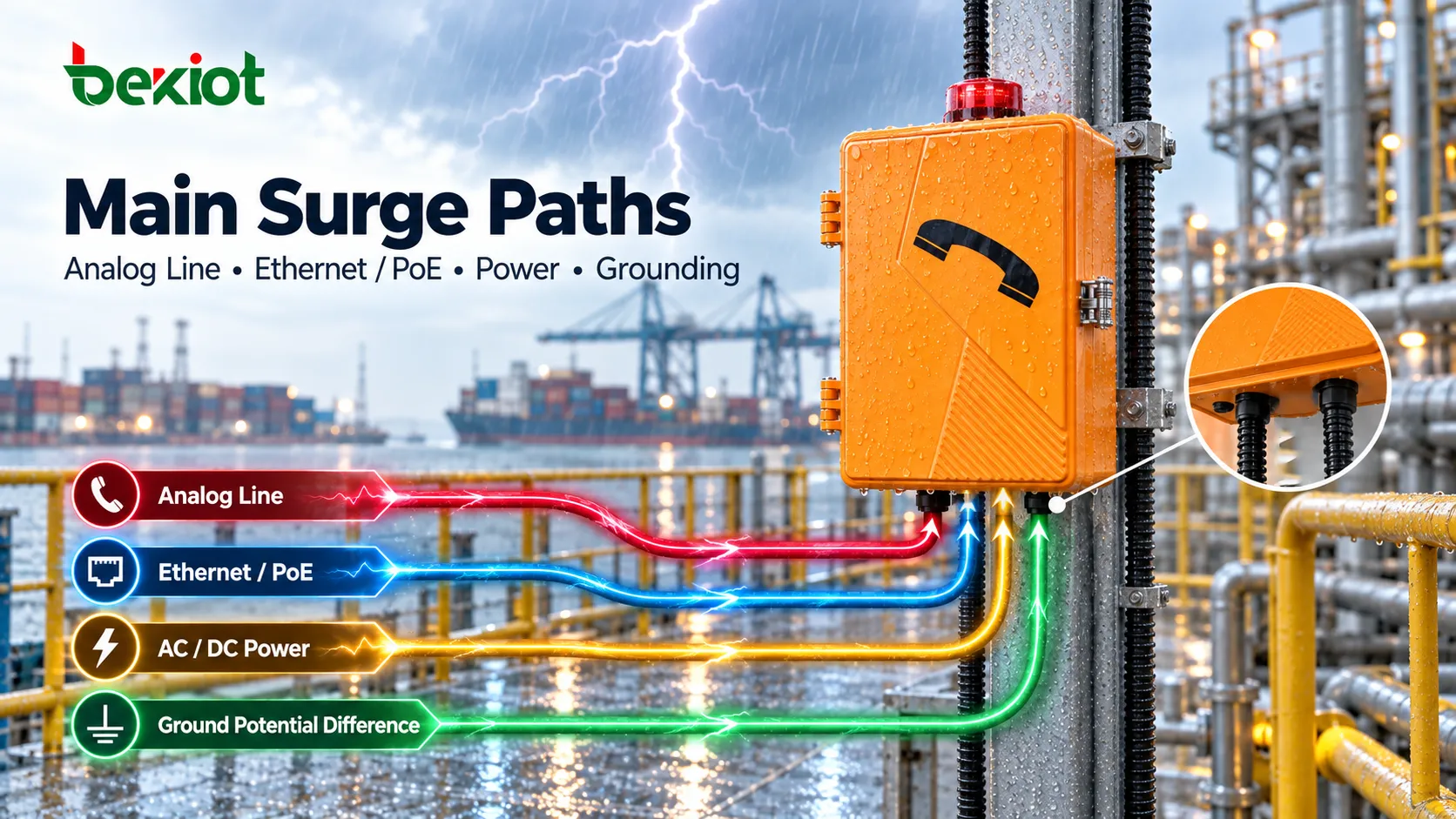 Main lightning-induced surge paths reaching an outdoor industrial telephone through analog lines, Ethernet or PoE, power connections and grounding