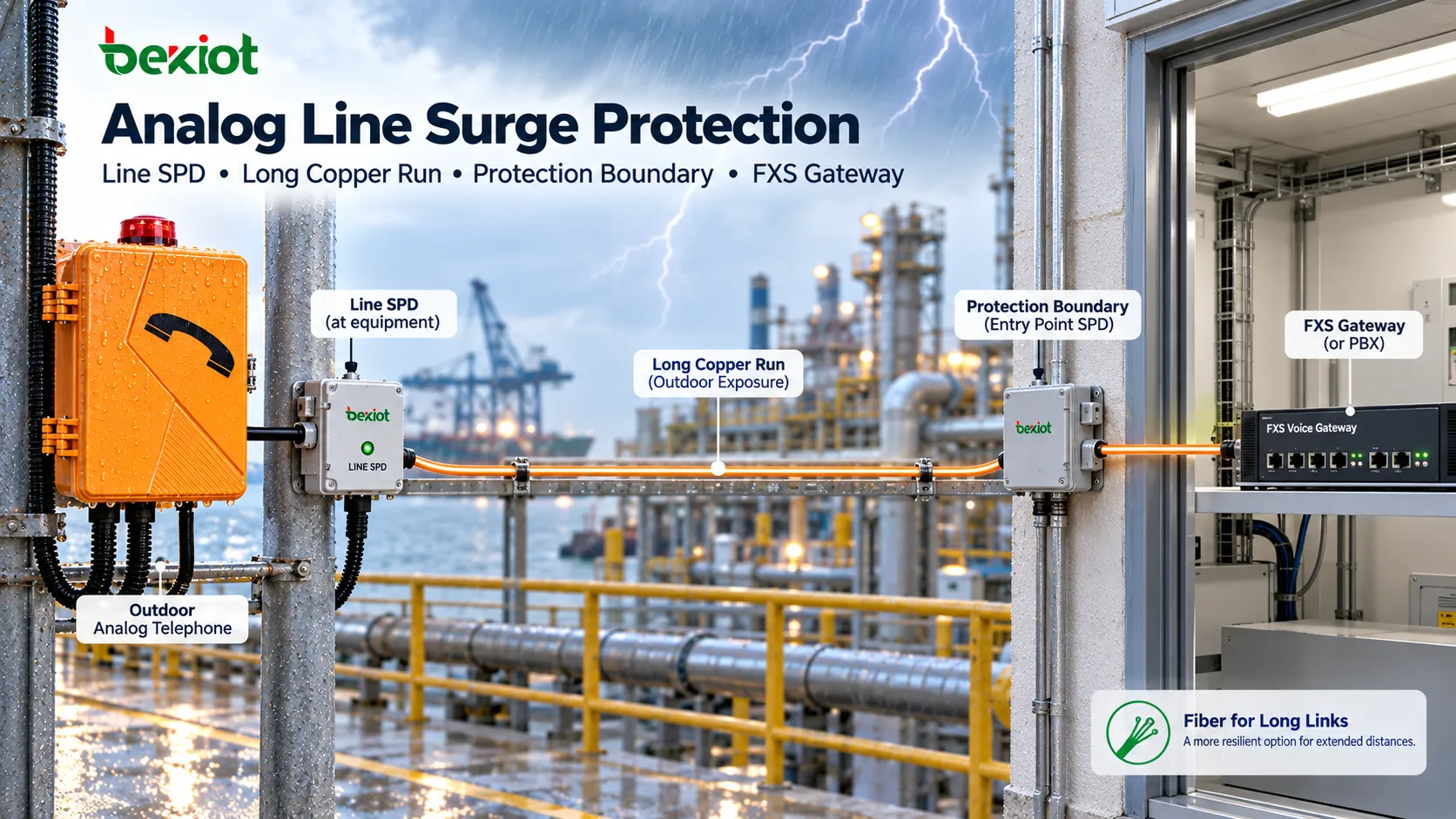 Communication-line surge protectors installed on long outdoor copper runs to protect both an analog industrial telephone and the FXS gateway
