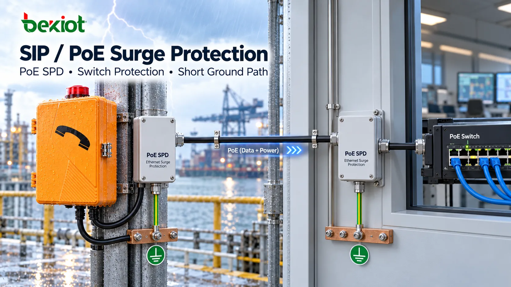 PoE surge protection and grounding for an outdoor SIP industrial telephone connected to an Ethernet switch