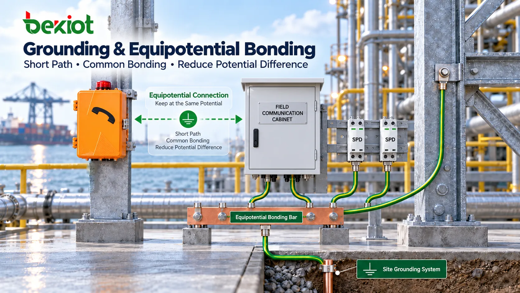 Outdoor industrial telephone, communication cabinet and surge protective devices connected through a coordinated equipotential bonding and grounding system