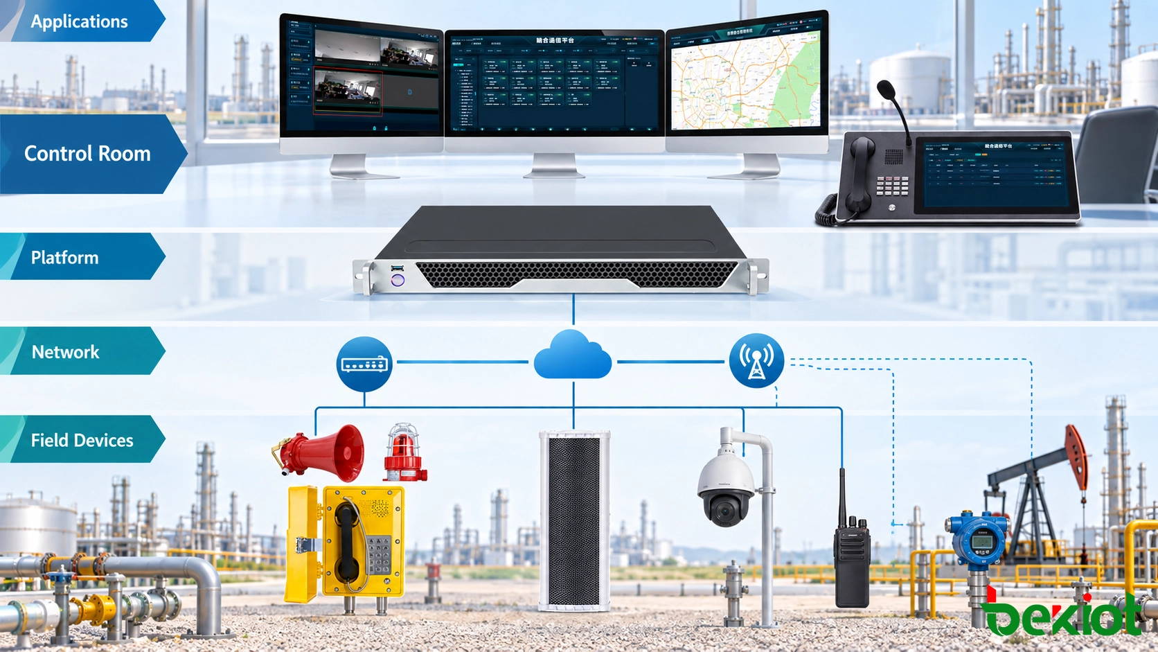 Five-layer oil and gas unified communications architecture connecting field devices transmission networks communication platforms and dispatch applications