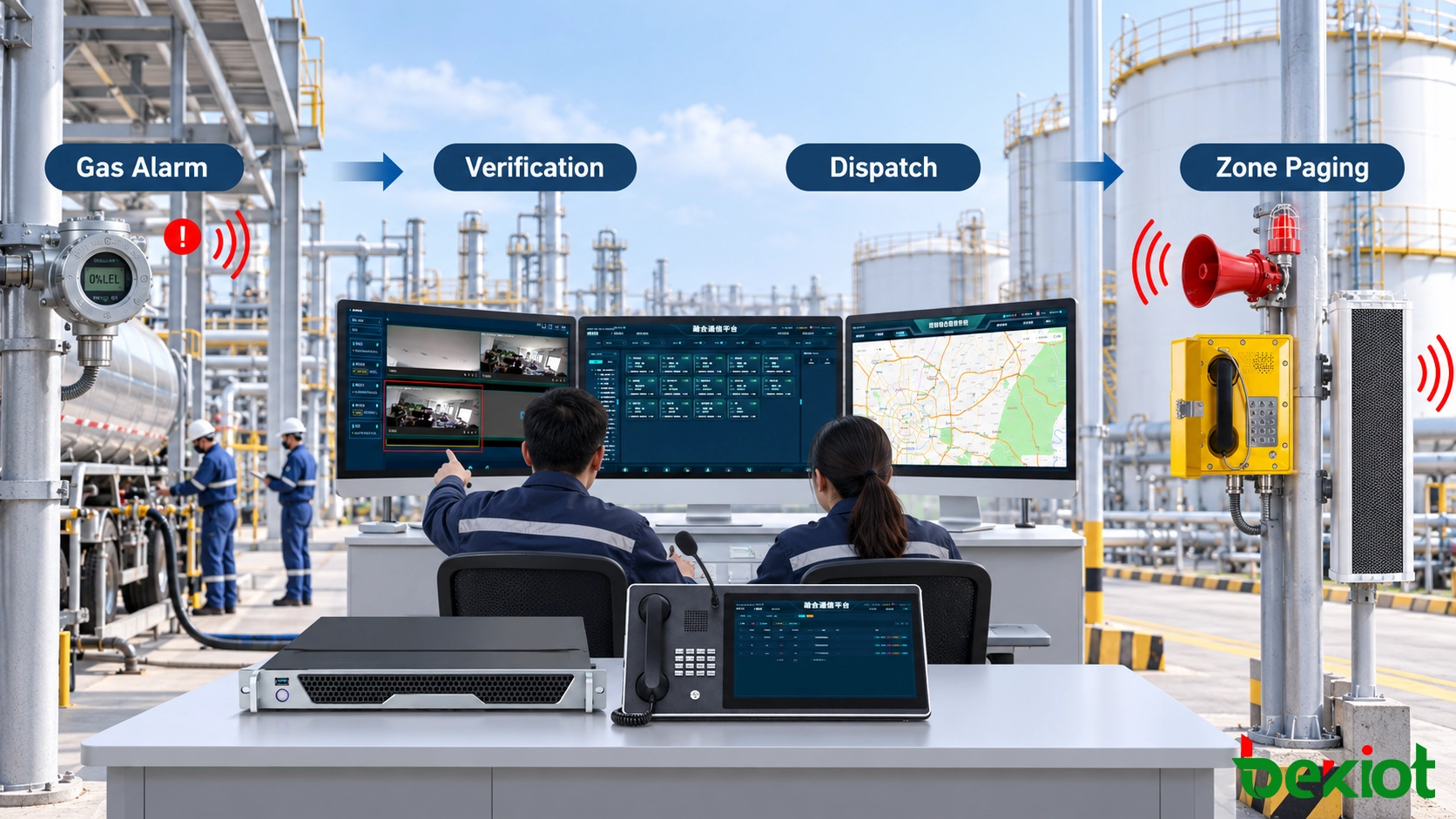 Oil and gas emergency workflow linking gas alarms video verification dispatcher communication and zoned public address