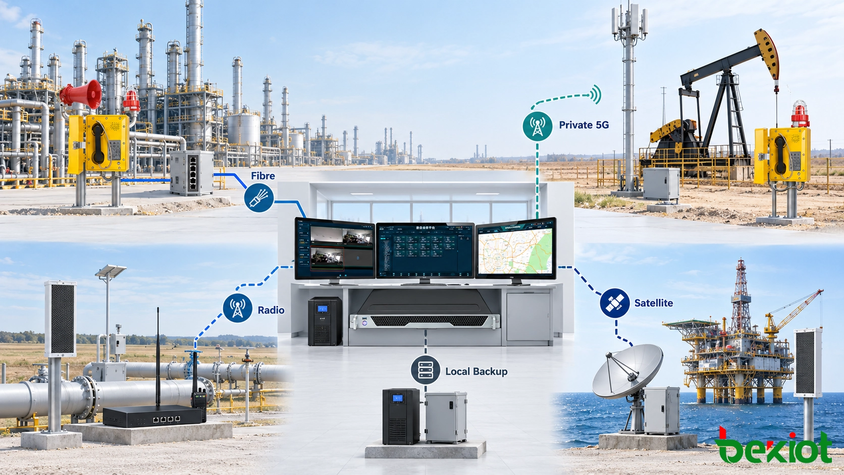 Resilient oil and gas communication network using fibre private cellular radio satellite and local fallback paths