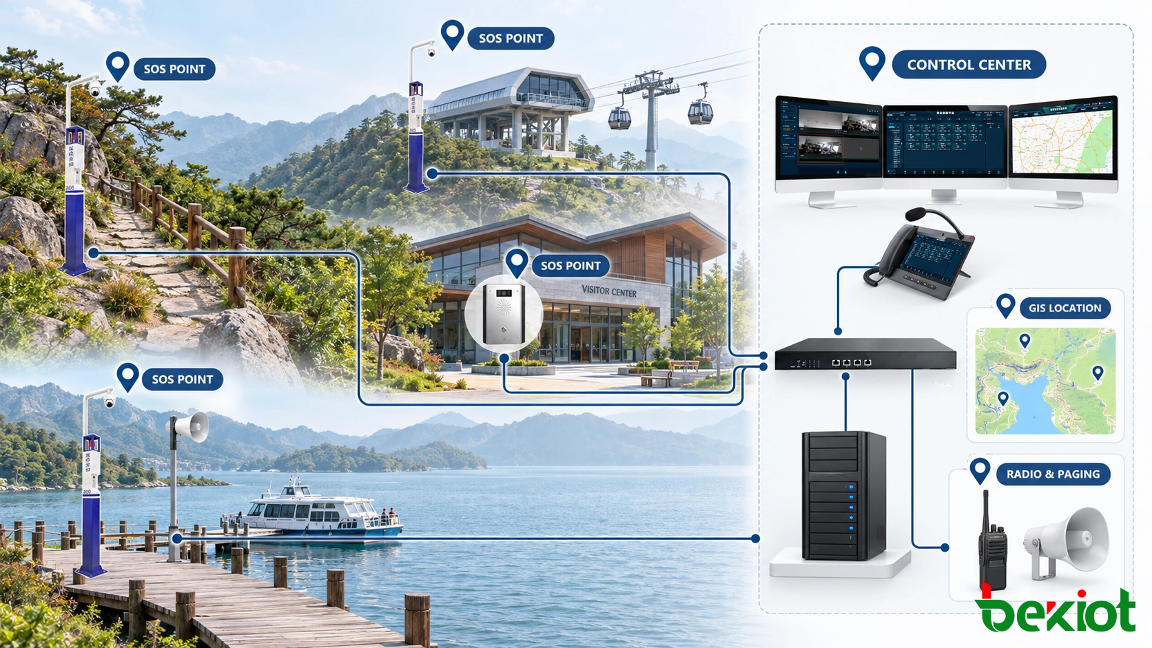 Scenic area emergency help system connecting SOS terminals with GIS maps video surveillance radio dispatch and zoned paging