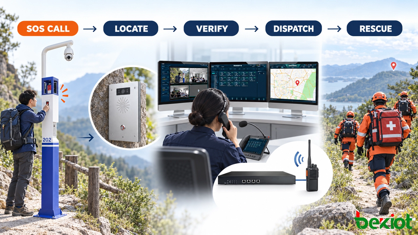 Visitor SOS response workflow using map identification video verification and field rescue dispatch