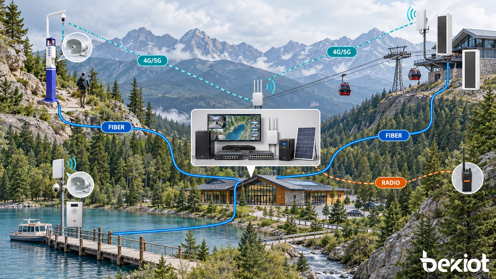 Resilient scenic area communication network using fibre wireless cellular radio and backup power