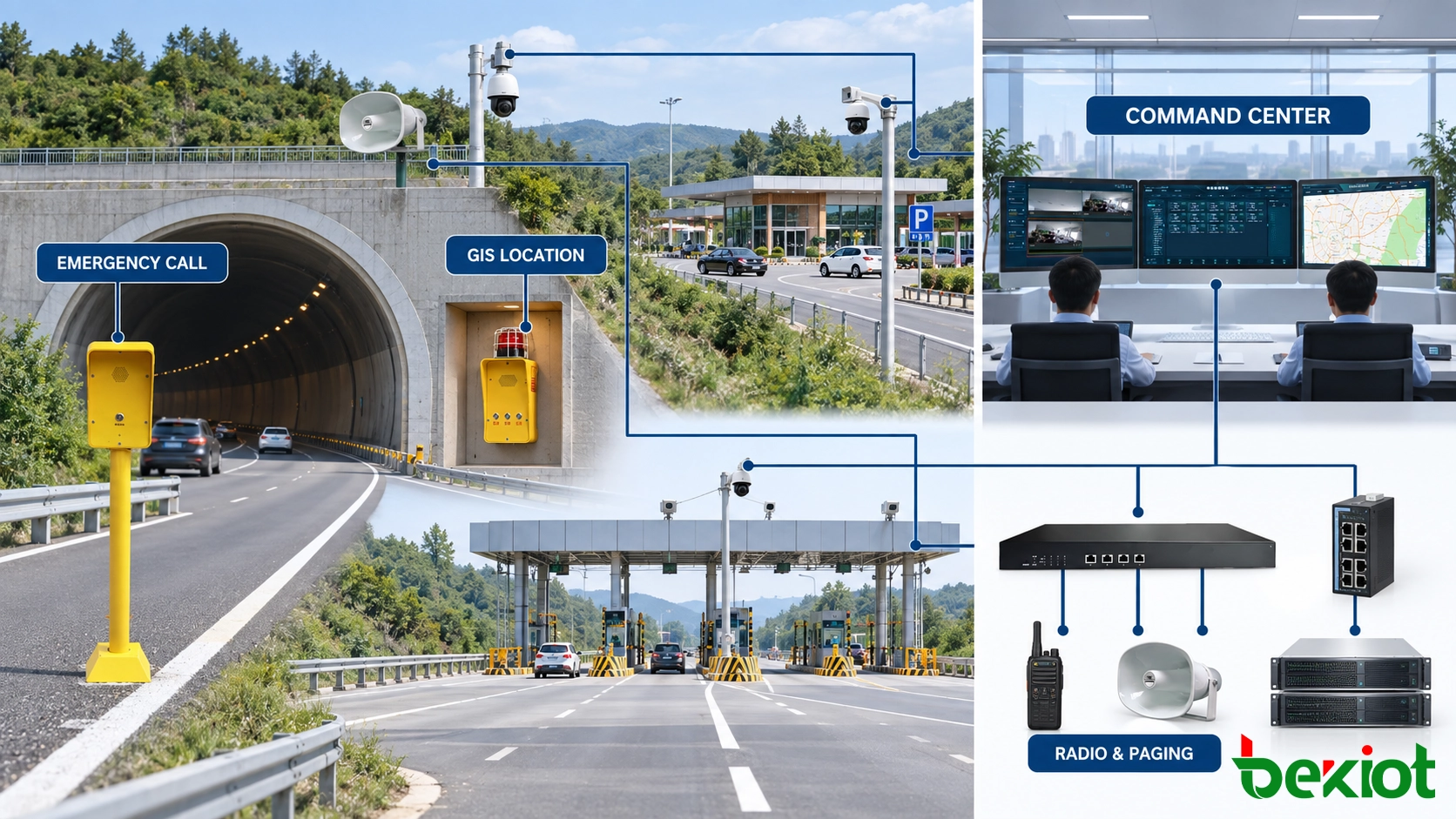 Highway emergency command architecture connecting roadside telephones tunnel SOS points radio dispatch video surveillance GIS and zoned paging