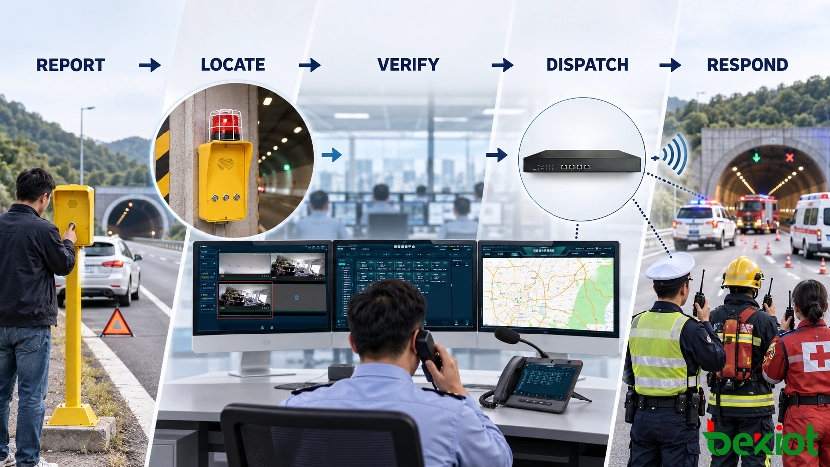 Highway incident response linking emergency calls GIS location camera verification radio dispatch and targeted road notifications