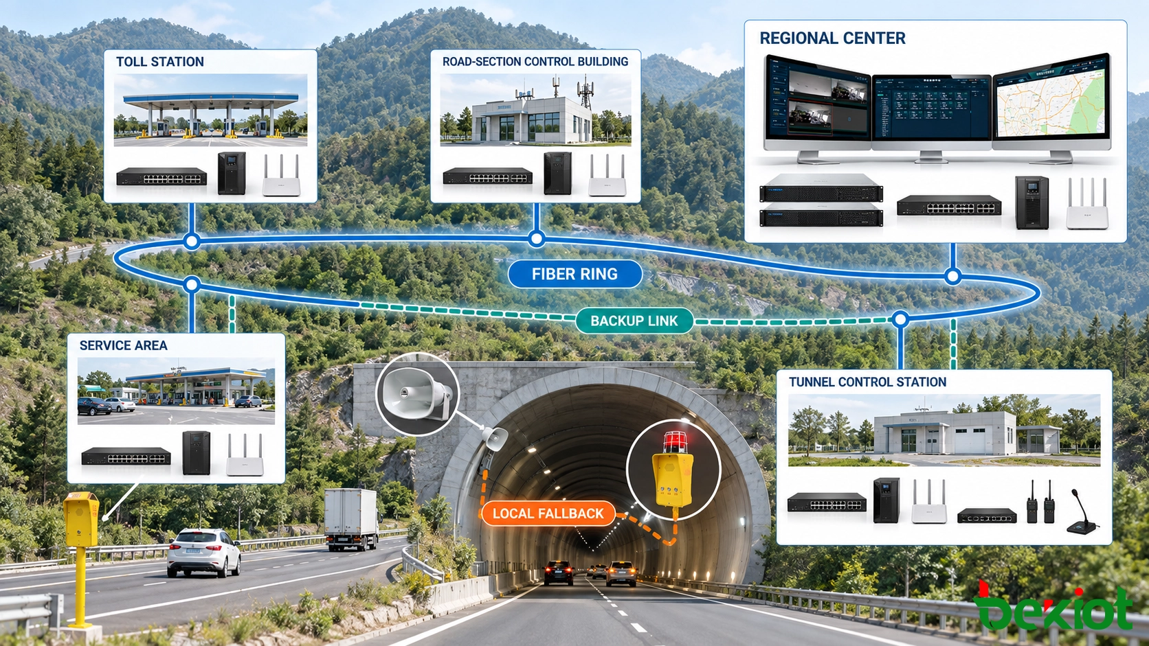 Resilient highway communication network connecting remote road sections tunnels toll stations and regional command centers