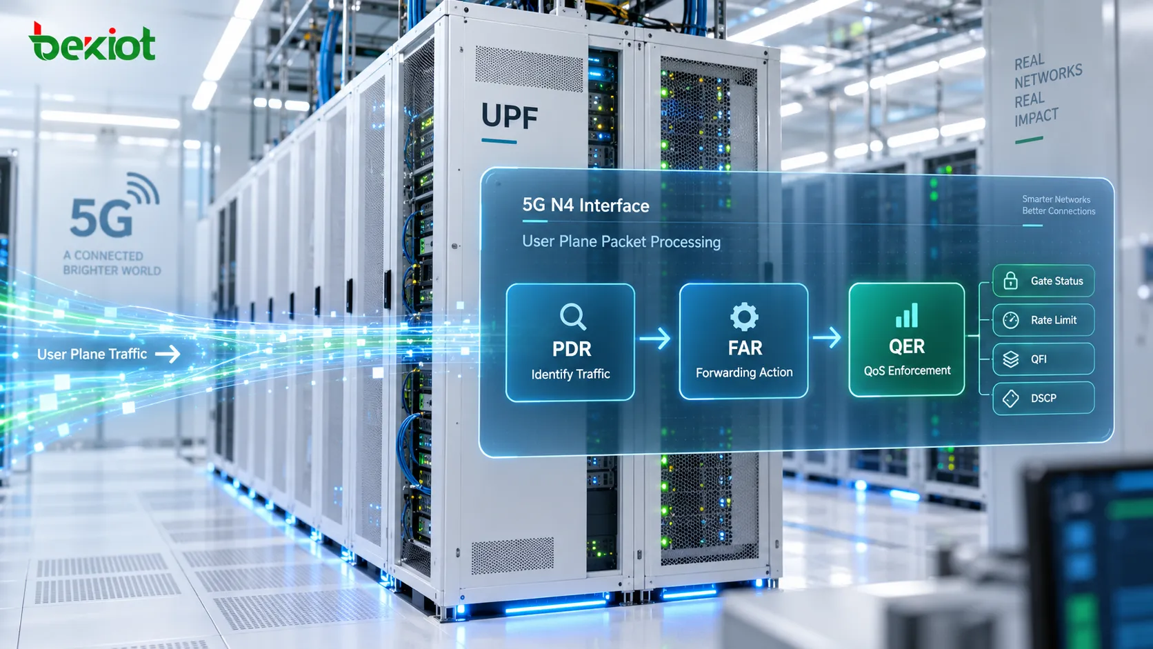 N4 interface packet processing where the UPF uses a PDR to identify traffic, a FAR to determine forwarding, and a QER to enforce gating, rate limits and QoS policy