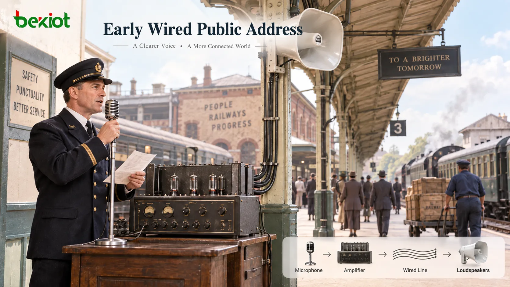 Evolution of early public address systems from microphones, electronic amplifiers and horn loudspeakers to centralized audio distributed over wired lines to multiple loudspeaker locations