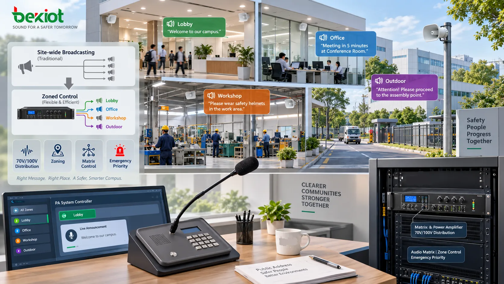 Evolution of public address systems from 70V or 100V constant-voltage distribution to zoning, audio matrices, multi-channel amplification and separate loudspeaker areas