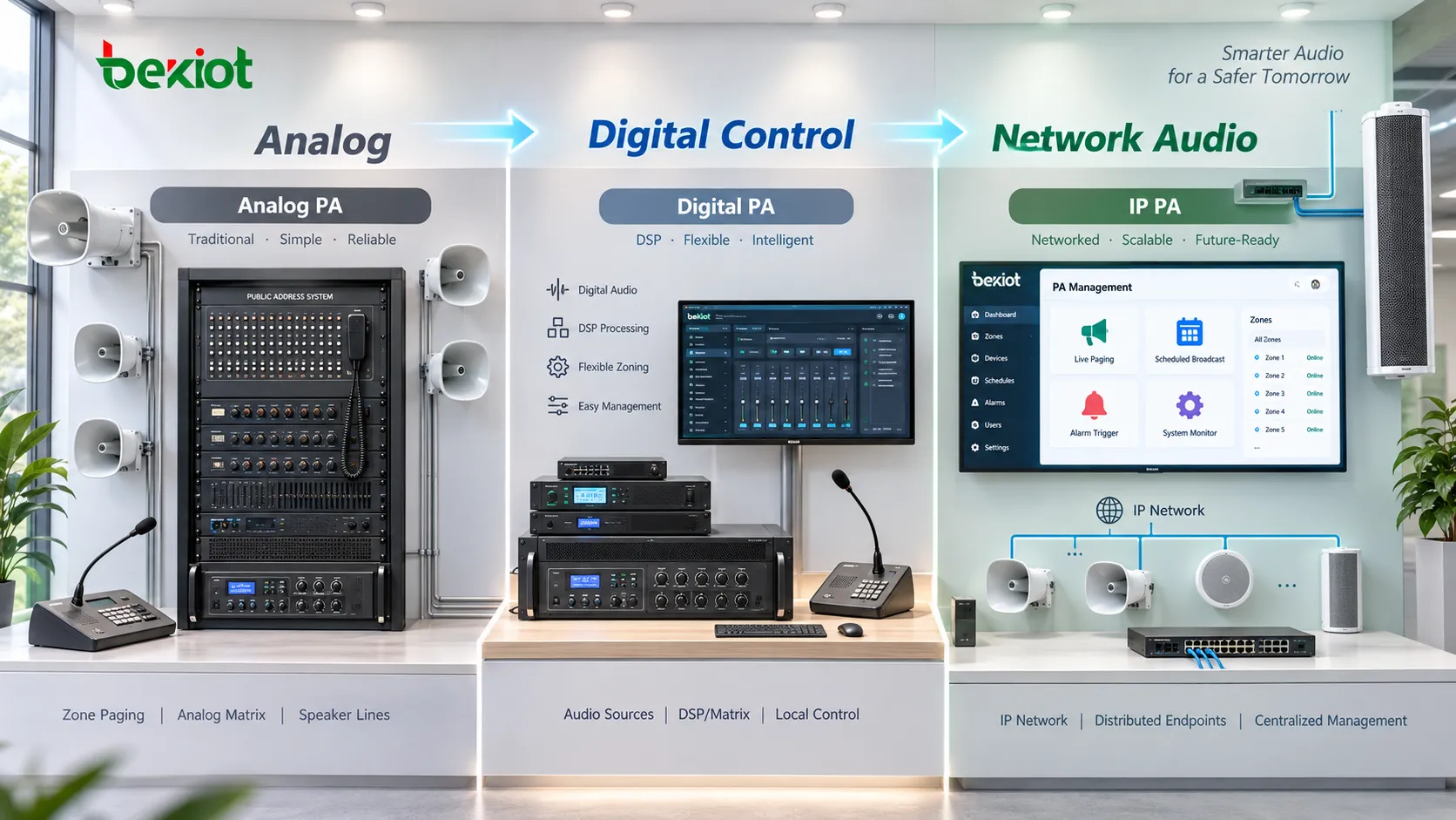 Comparison of public address evolution from analog matrices and centralized 100V amplifiers to digital DSP control, PA servers, Ethernet networks and distributed IP audio endpoints