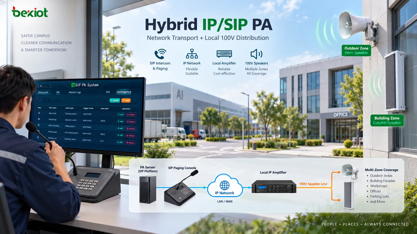Modern hybrid public address architecture using a PA server and IP or SIP network to reach local IP amplifiers that drive multiple loudspeakers over 100V speaker lines