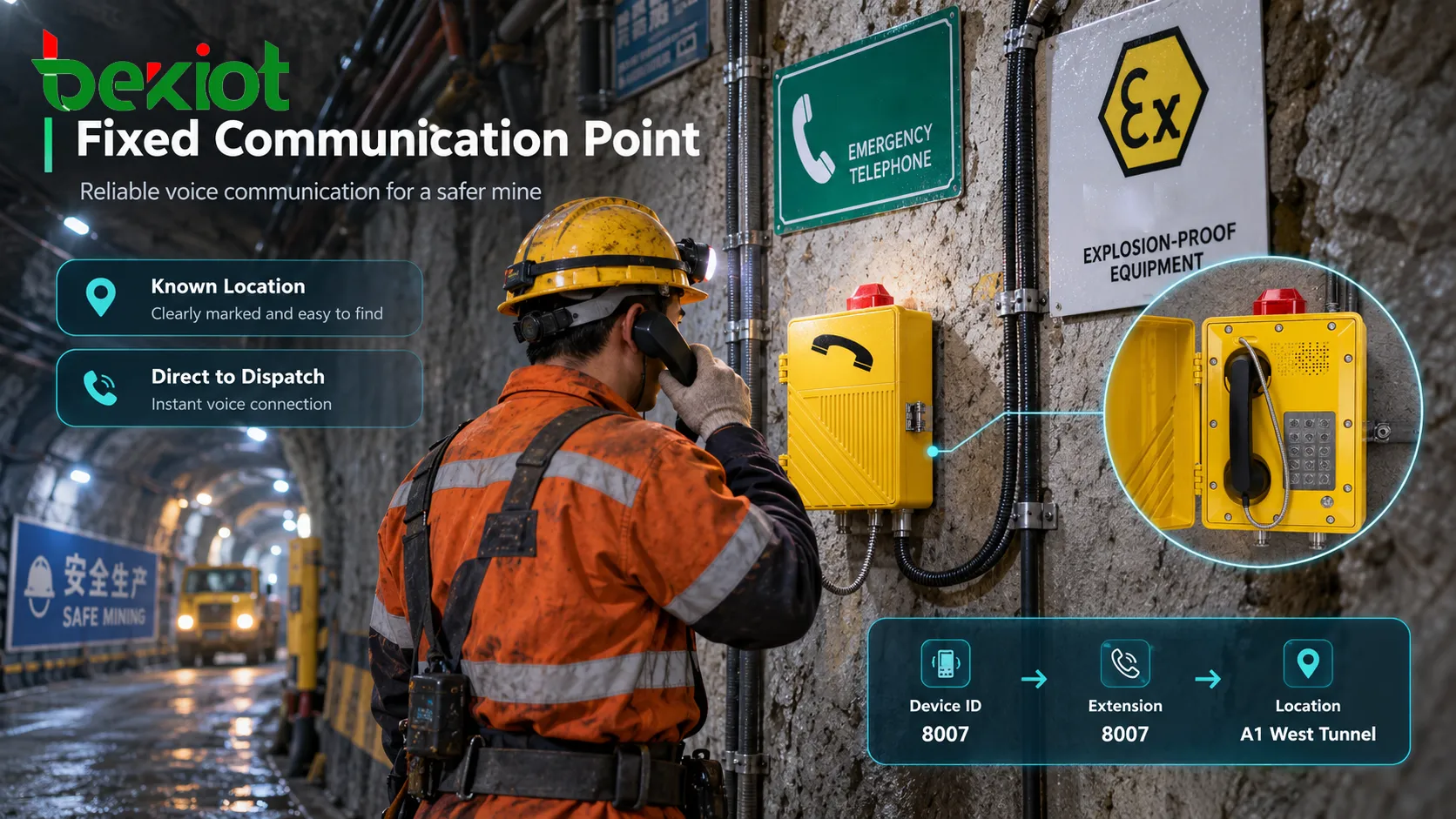 Mining explosion-proof telephone used as a fixed underground safety communication point with location mapping, a resilient communication path and direct access to the surface dispatch center