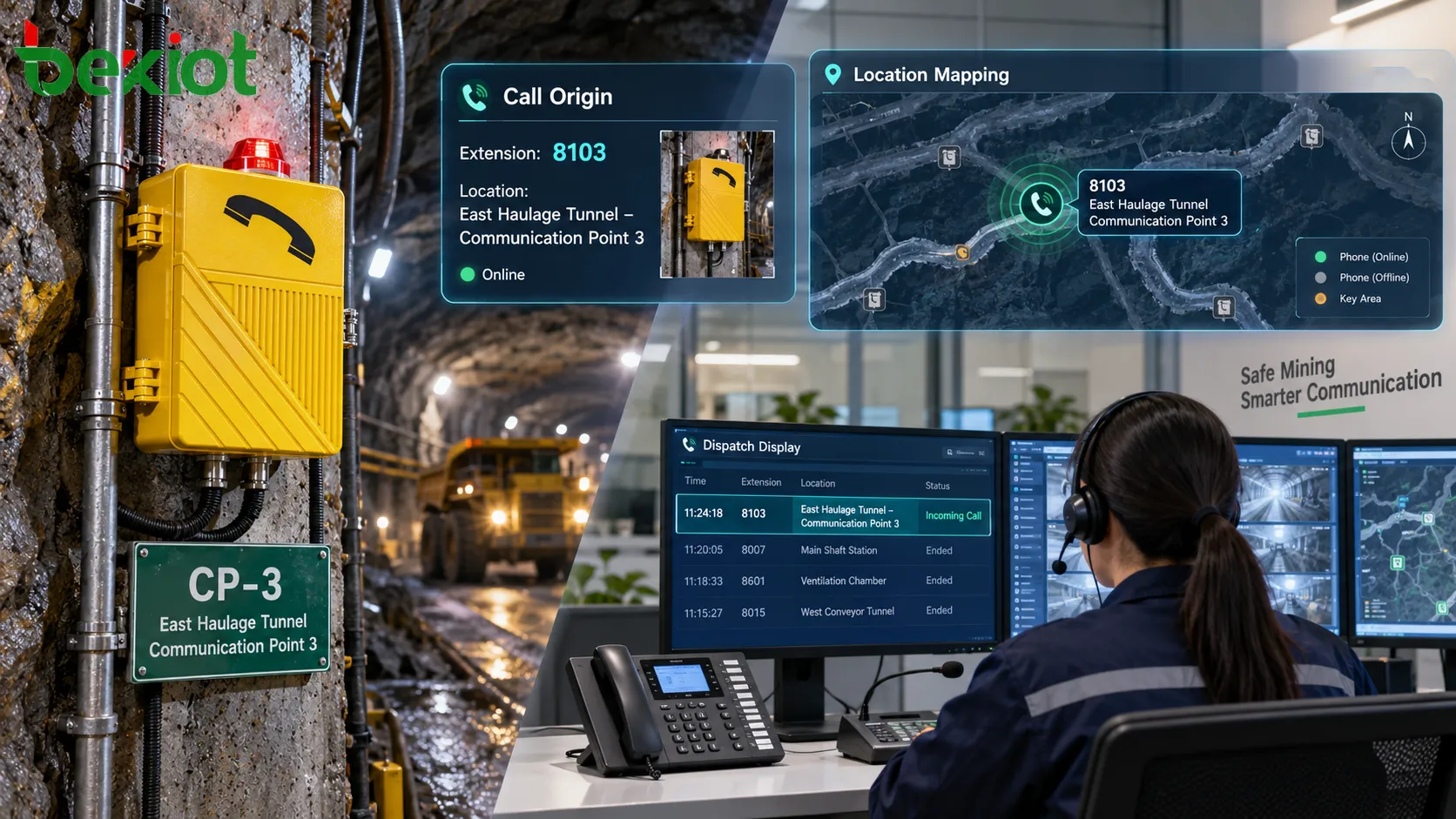 Underground mining explosion-proof telephones connected directly to a surface dispatch center and coordinated with mine wireless communications and emergency paging