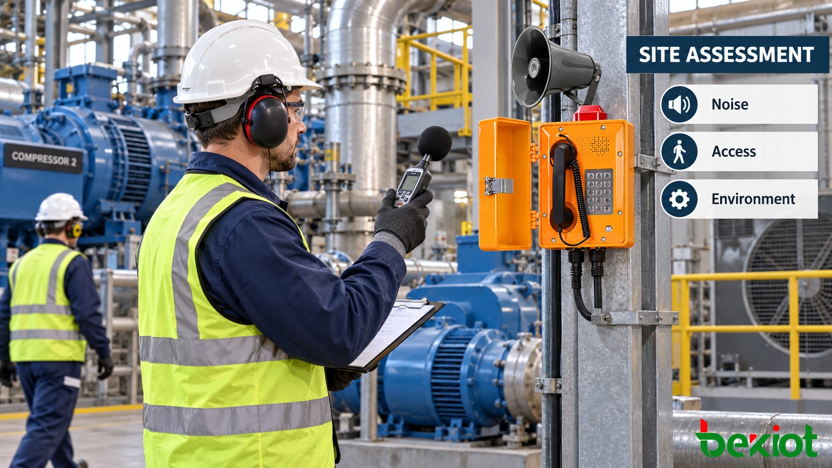 Engineer measuring ambient noise and evaluating an industrial telephone installation point