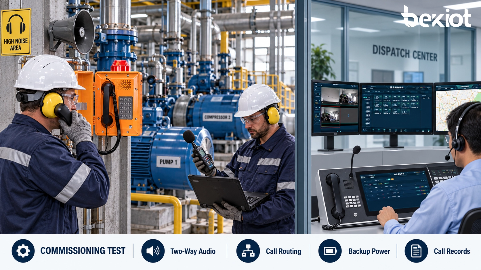 Technicians commissioning an industrial telephone during machinery operation