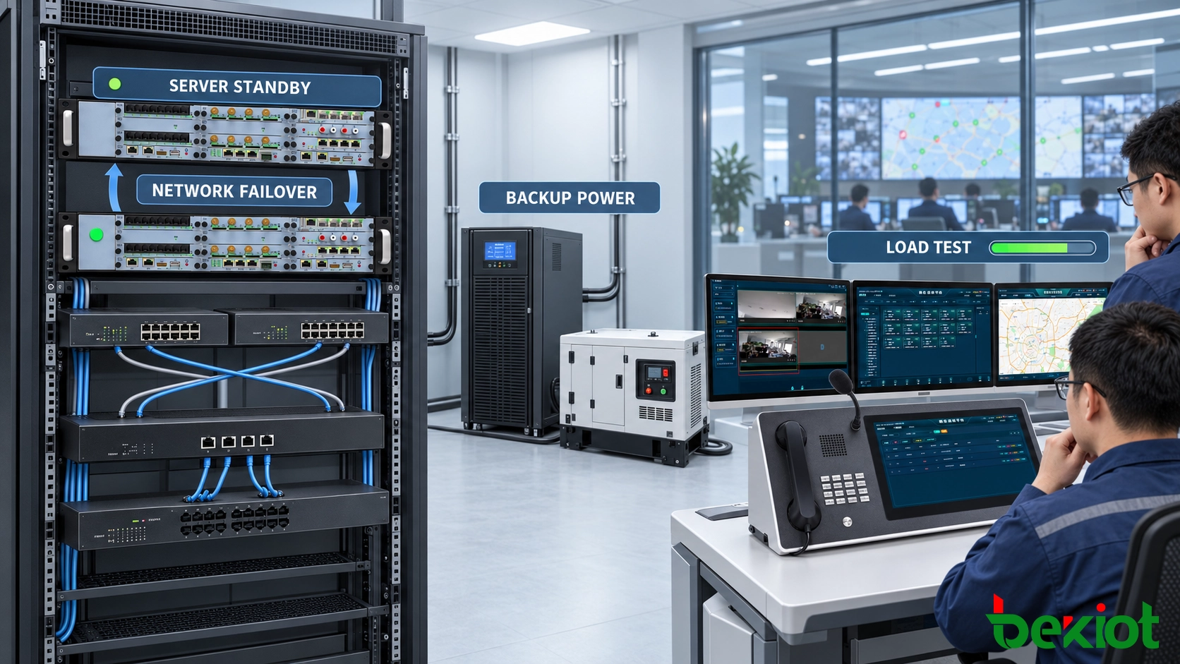 Engineers testing server network and power failover in an emergency command system