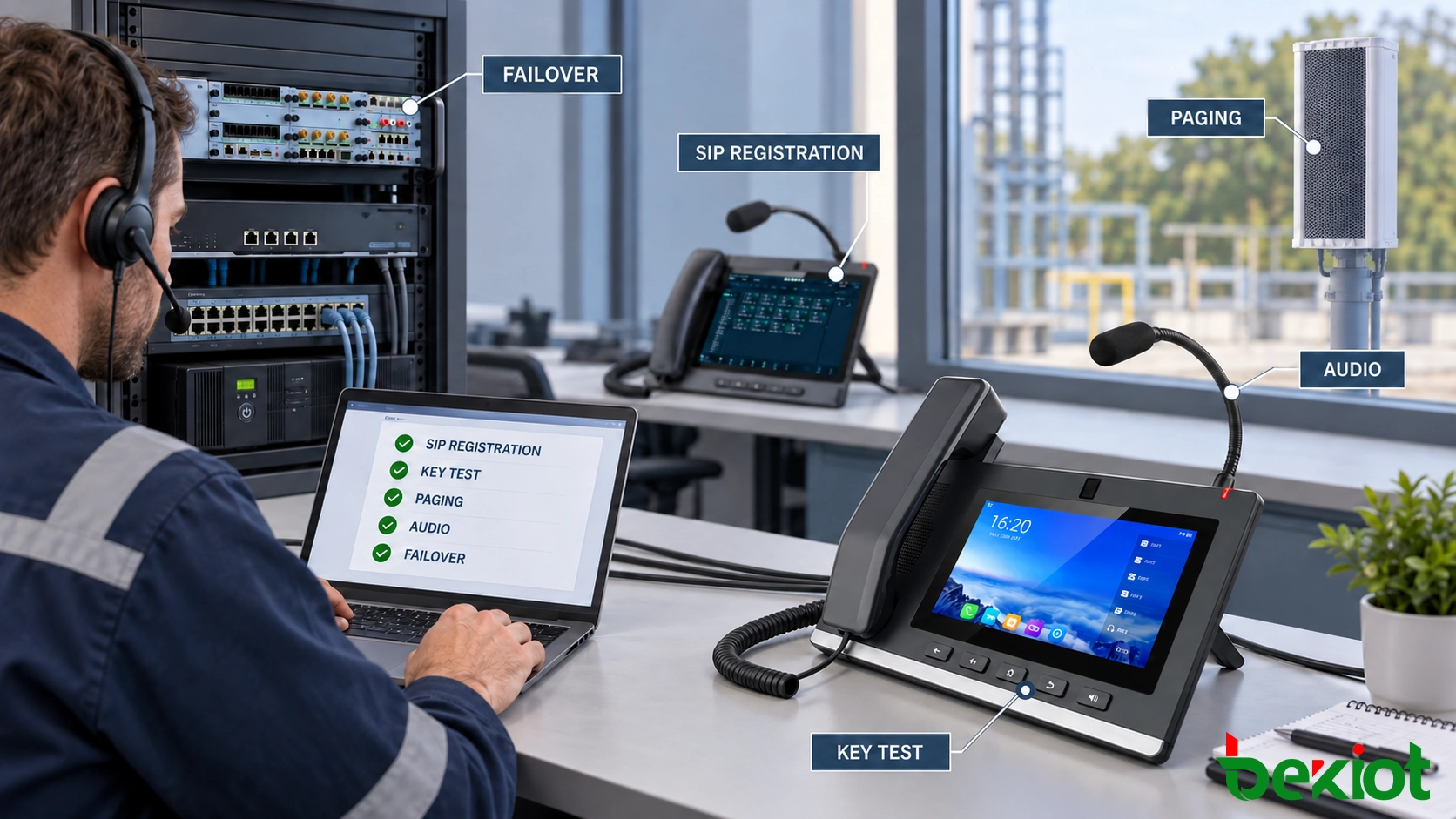 Technician testing SIP registration programmable keys paging and audio on a dispatch telephone