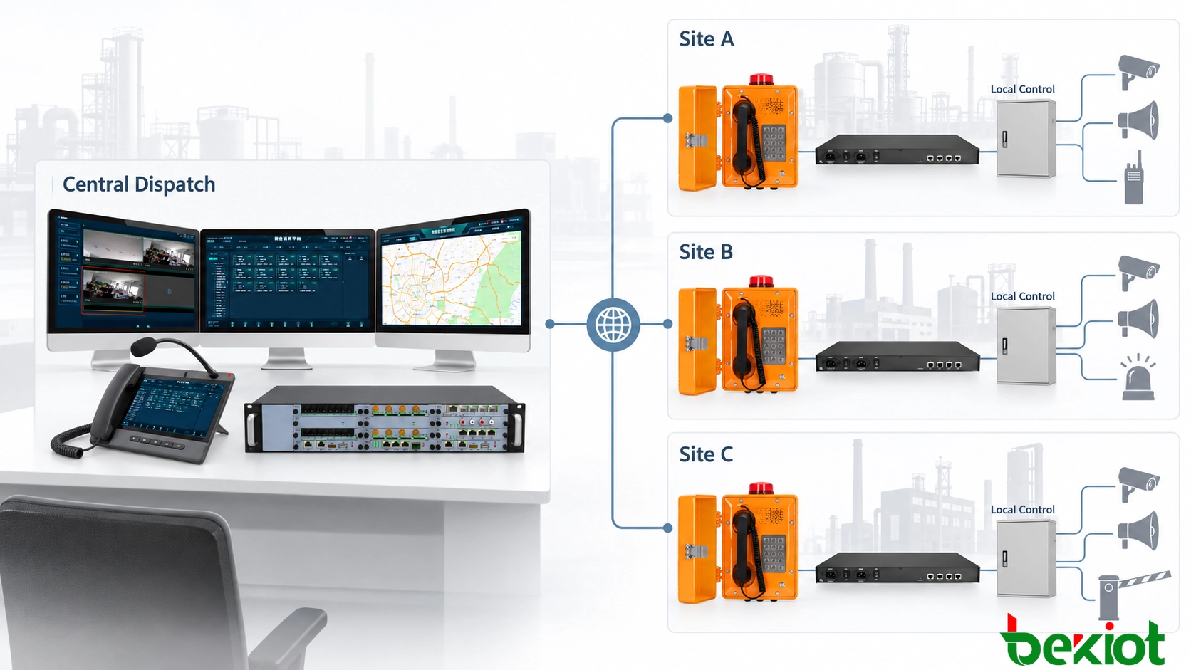 Multi-site emergency dispatch architecture with a central control center and local communication servers