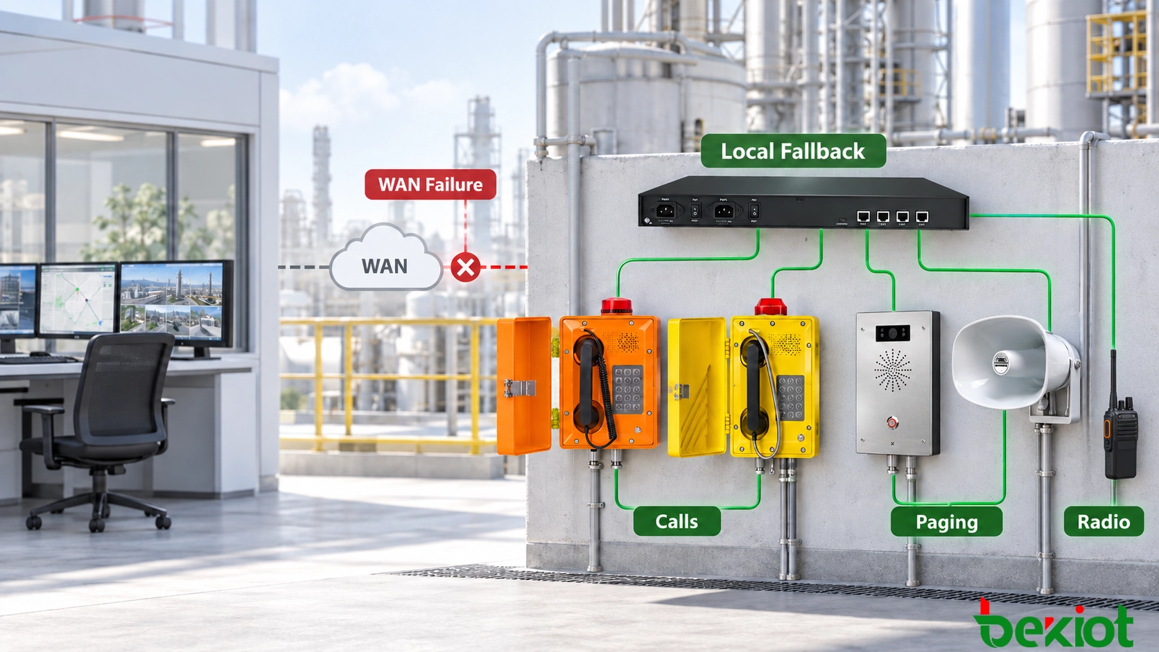 Local emergency telephones paging radio and intercom continuing during a WAN connection failure