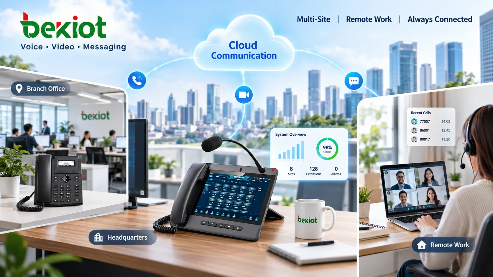 Business communications migrating from fixed PSTN lines and office desk phones to a VoIP platform that centrally manages business numbers, SIP phones, computers and mobile devices