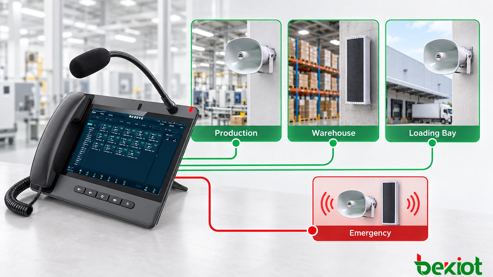 Dispatch telephone with programmable keys assigned to production, warehouse, loading bay and emergency paging zones